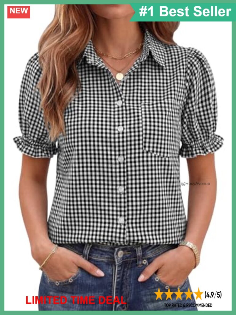 Linen Button Down Blouse Puff Sleeve V-Neck Office Top